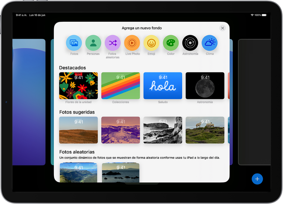 La pantalla Agregar nuevo fondo de pantalla mostrando una galería de opciones de fondos de pantalla para personalizar la pantalla bloqueada del iPad, con categorías como Destacados y Fotos sugeridas. En la parte superior hay botones para agregar a la pantalla bloqueada fotos, personas, una foto aleatoria, emoji y un fondo de pantalla del clima.