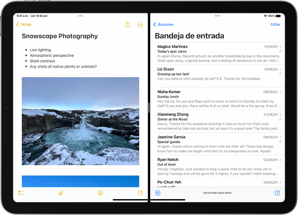 En la parte izquierda de la pantalla, está abierta la app Notas, mientras que la app Mail está abierta a la derecha. Entre las apps hay un separador ajustable que permite cambiar el tamaño de las zonas divididas.