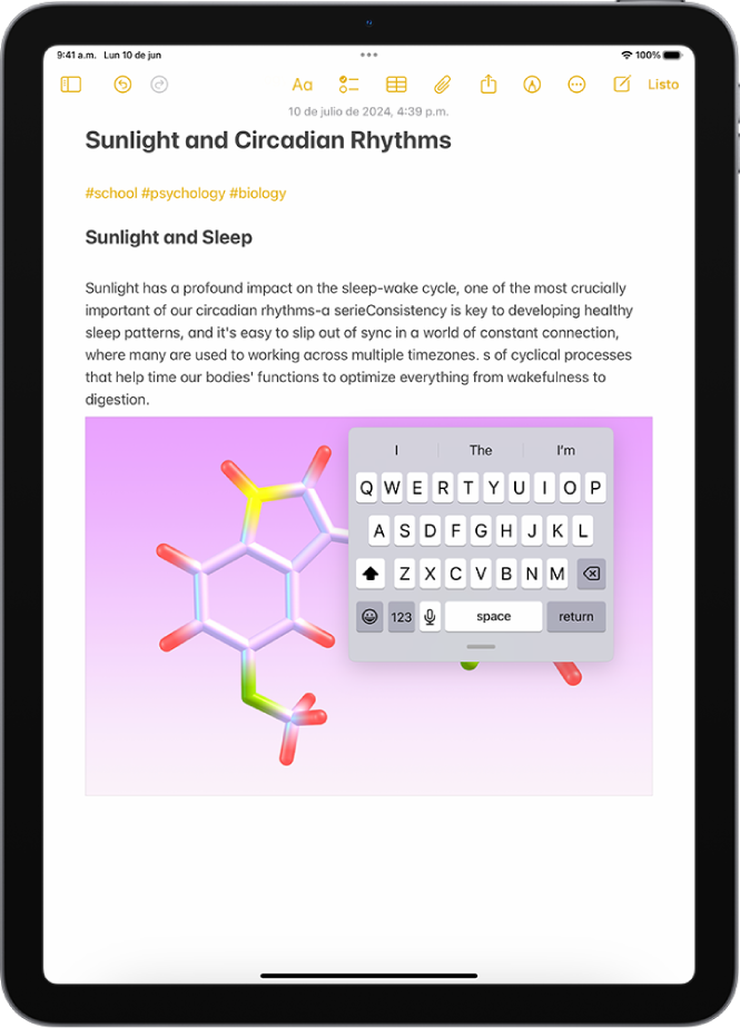 En la app Notas, hay una nota abierta. El teclado en pantalla es pequeño y flota en el lado superior derecho de la pantalla.