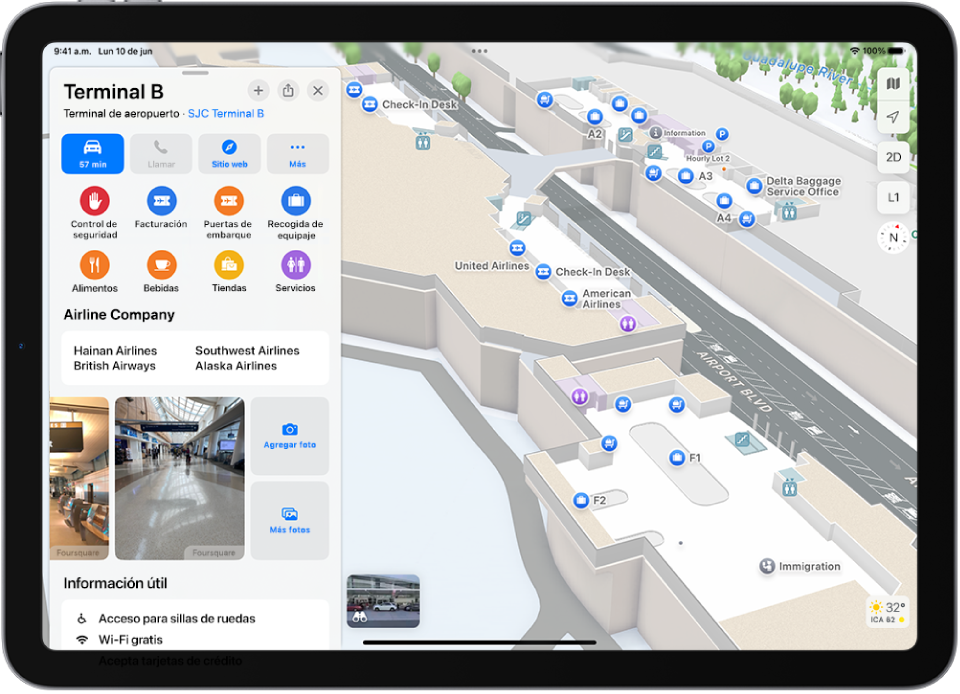 Un mapa del interior de la terminal de un aeropuerto. El mapa muestra una puerta de embarque, el baño, el control de seguridad y un punto de primeros auxilios. Puedes cambiar de nivel en los mapas de varios niveles con el botón N2 (para explorar el piso 2).