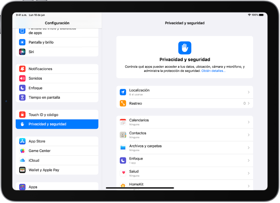 La pantalla Configuración muestra opciones de privacidad y seguridad, como Localización y Rastreo.