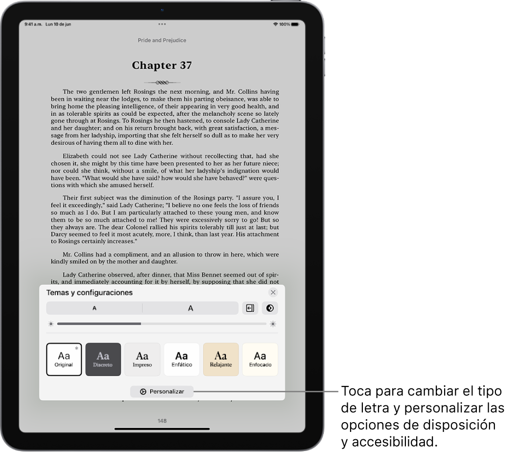 Una página en un libro en la app Libros. Las opciones de temas y configuraciones muestran controles para el tamaño de letra, la visualización de desplazamiento, el estilo de pasar páginas, el brillo y los estilos de tipo de letra.