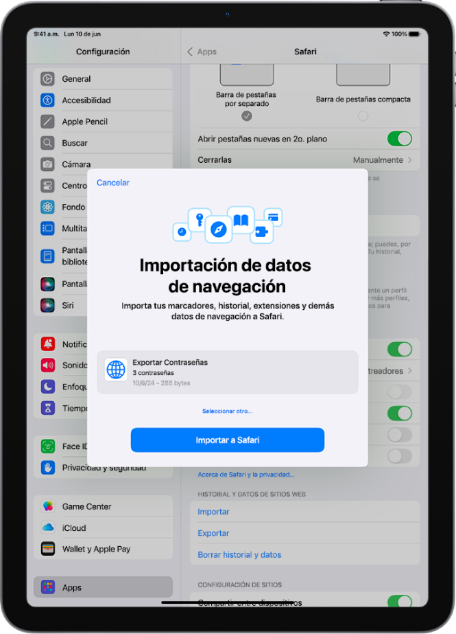 La pantalla Importar datos de navegación muestra el archivo CSV de contraseñas de otro administrador de contraseñas que se va a importar.