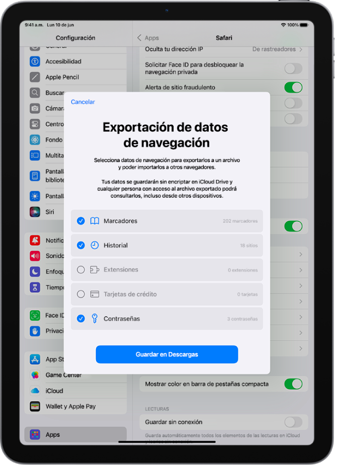 La pantalla Exportar datos de navegación muestra los datos que puedes exportar de Safari a otro navegador.