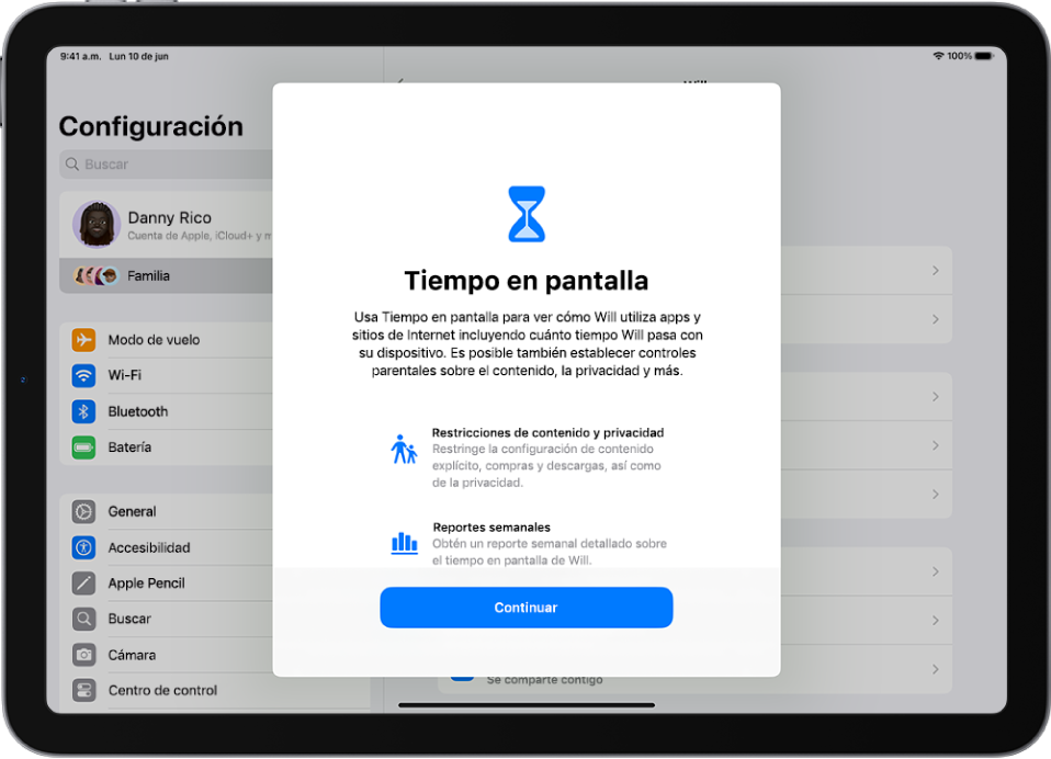 Pantalla con una descripción de las funciones para controlar el tiempo usa su dispositivo un menor de edad, con opciones como el tiempo desactivado programado.
