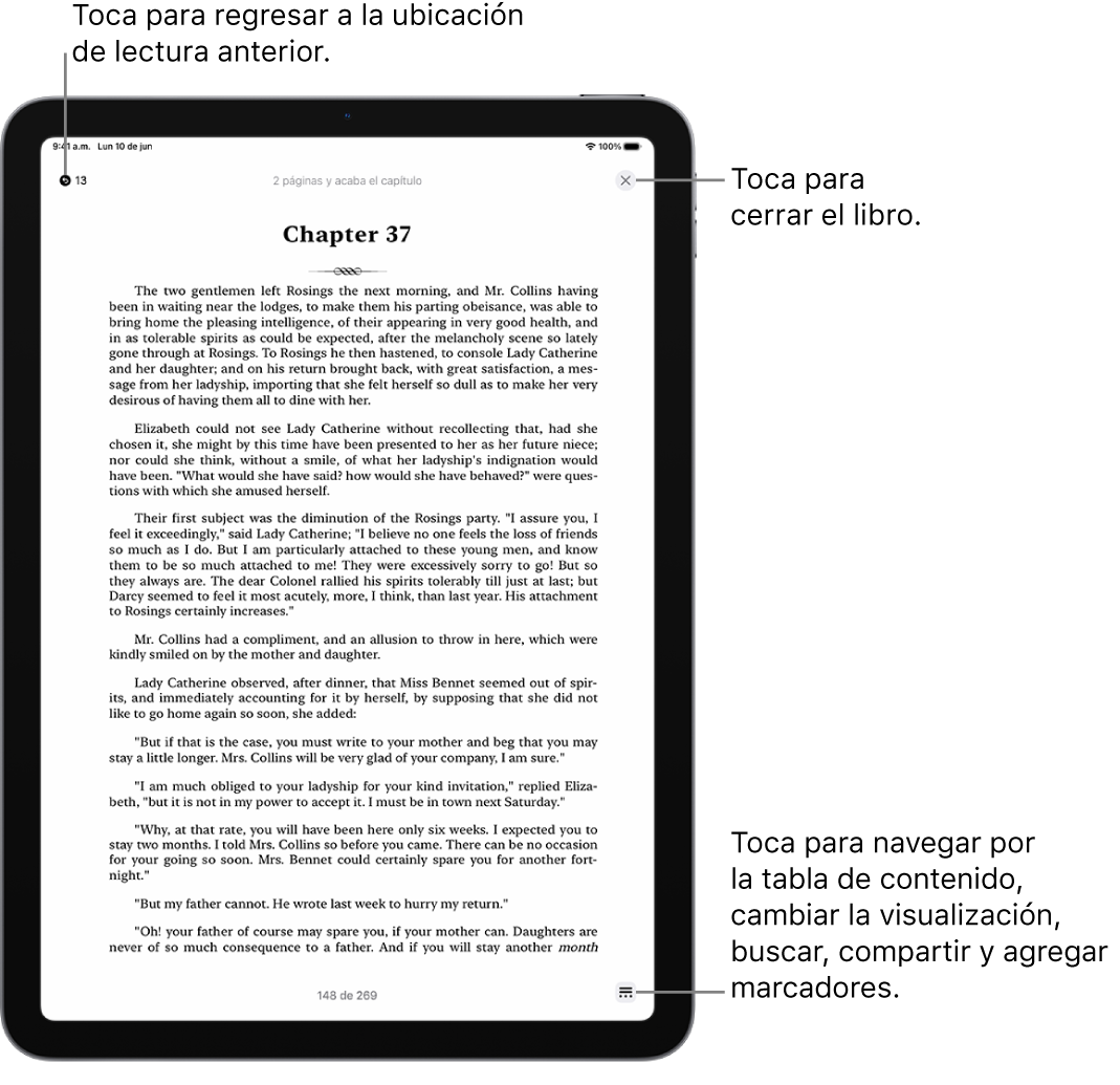 Una página en un libro en la app Libros. En la parte superior de la pantalla hay botones para regresar a la página desde la que se empezó a leer y para cerrar el libro. En la parte inferior derecha de la pantalla está el botón Menú.