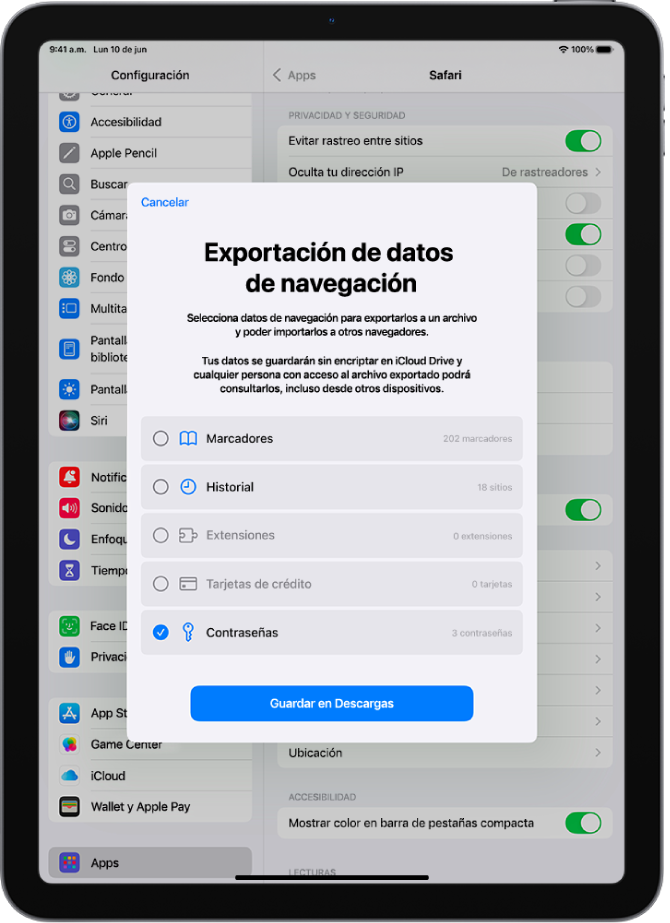 La pantalla Exportar datos de navegación con la opción Contraseñas seleccionada para exportar a otro administrador de contraseñas.