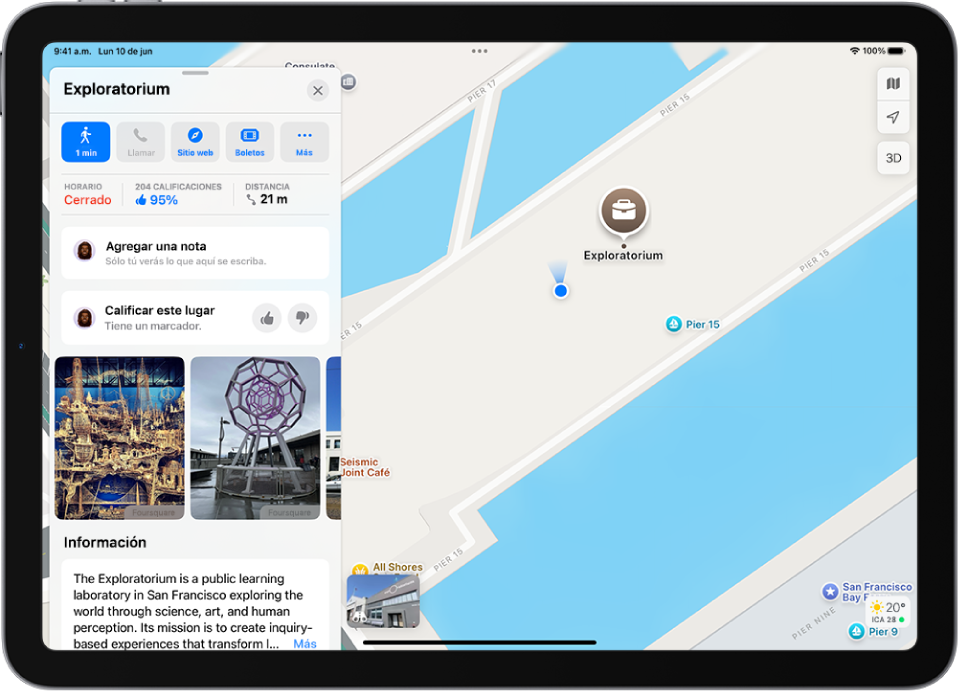 La tarjeta de un museo con su estado de apertura, calificaciones, una descripción, fotos y botones para llamar por teléfono, ir a su sitio web o comprar entradas.
