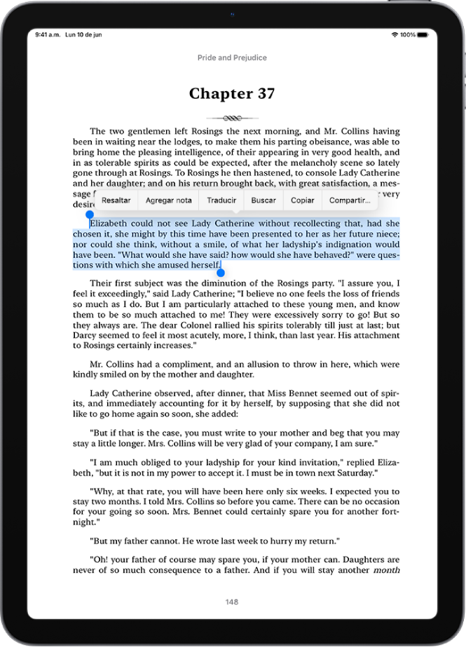 Una página de un libro en la app Libros con una parte del texto de la página seleccionado. Los botones Resaltar, Agregar nota, Traducir, Buscar, Copiar y Compartir están arriba del texto seleccionado.