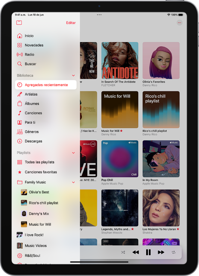 La pantalla Biblioteca con la barra lateral a la izquierda y las palabras Recientes resaltadas. Los álbumes y las playlists agregadas recientemente aparecen a la derecha. El mini reproductor se muestra abajo.