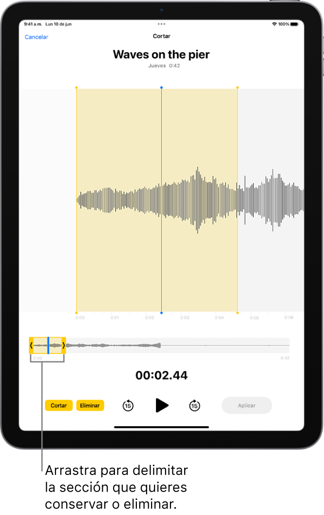Se está editando una grabación, con las manijas de recorte amarillas que separan una porción de la onda de audio en la parte inferior de la pantalla. A la izquierda de los controles de reproducción están el botón Recortar para eliminar la parte de la grabación que se encuentra fuera de las manijas, y el botón Eliminar para eliminar la parte de la grabación que se encuentra dentro de las manijas.
