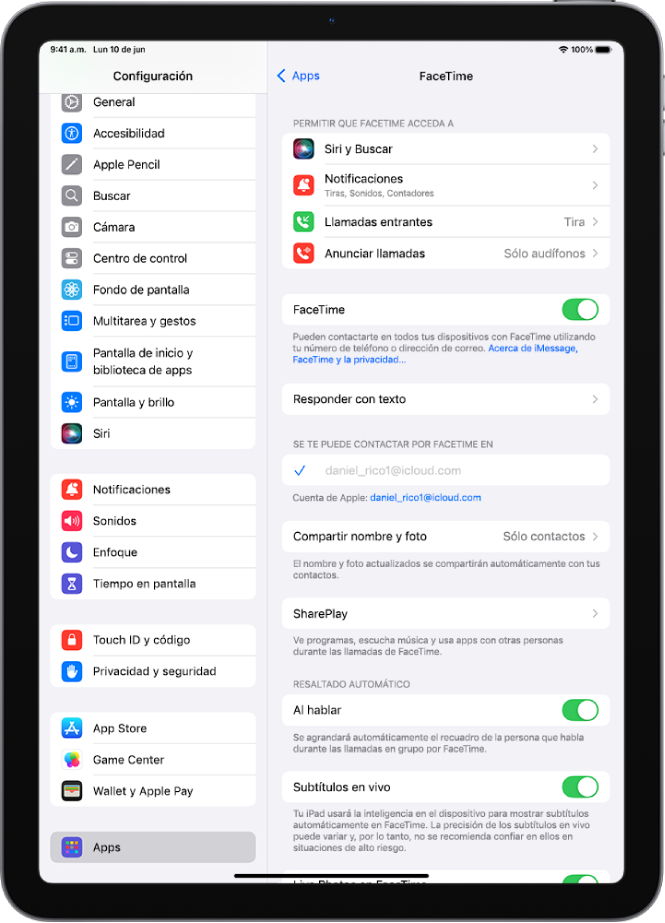 Pantalla de configuración de FaceTime con el control para activar o desactivar FaceTime y la cuenta de Apple que se usa para FaceTime.
