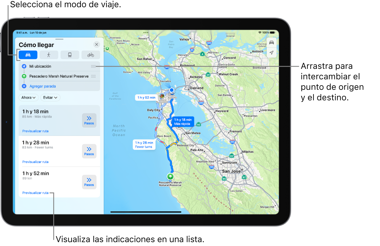 Un mapa con varias rutas posibles en auto entre la ubicación actual y el destino.