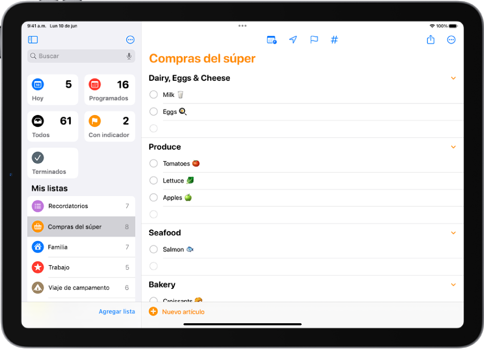 La app Recordatorios muestra una lista de compras del súper con artículos en categorías, como Frutas y verduras y Pescados y mariscos.
