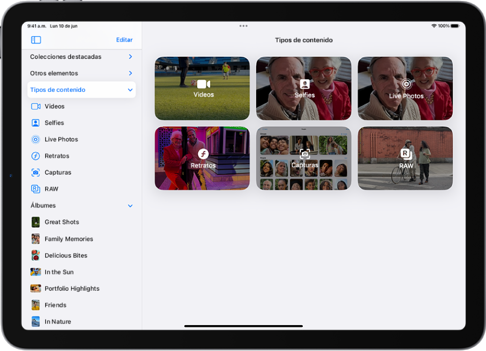 La sección Tipos de contenido está abierta en la app Fotos con colecciones de videos, selfies, Live Photos, retratos y más.