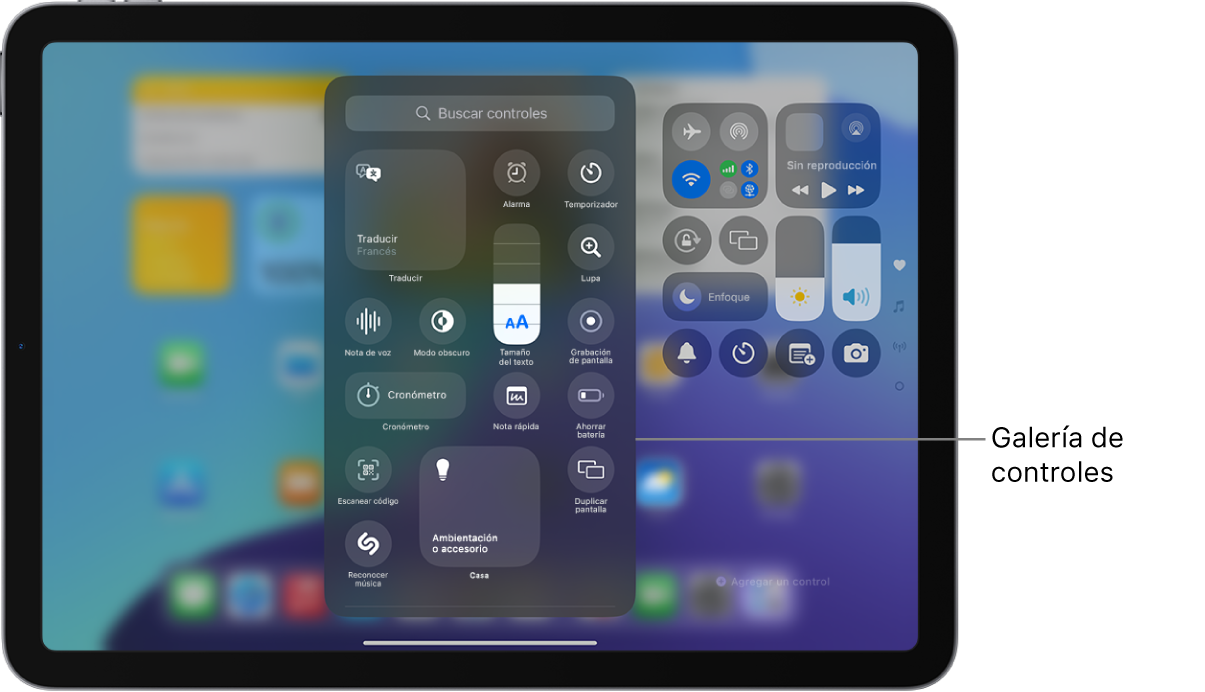 El centro de control está en modo de edición con la galería de controles abierta que muestra todos los controles disponibles.