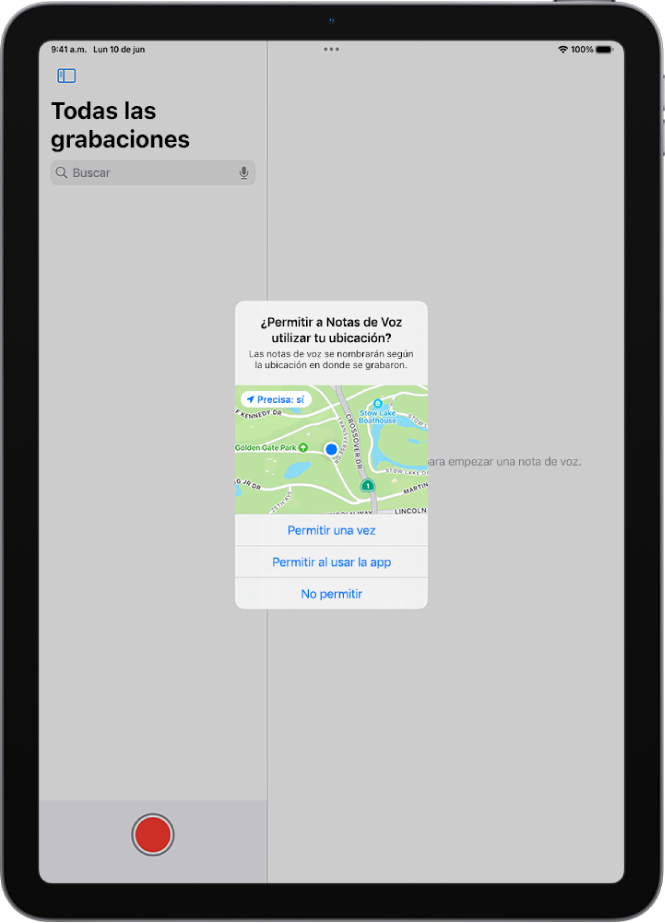 Una solicitud de una app para usar datos de ubicación en el iPad. Las opciones son Permitir una vez, Permitir al usar la app y No permitir.