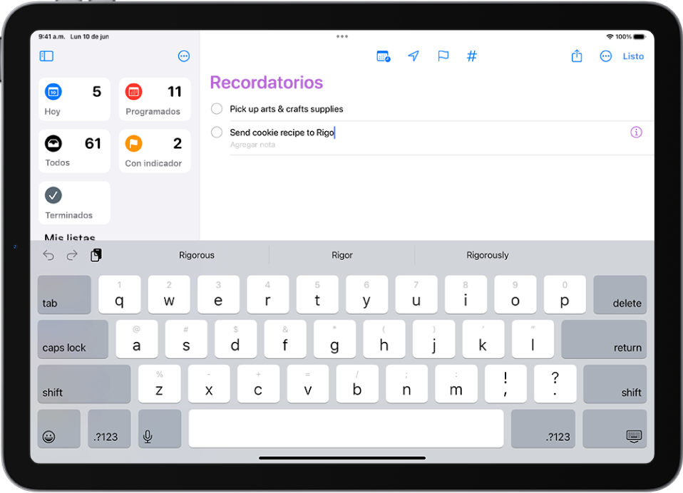 La app Recordatorios, mostrando que se está agregando una nueva tarea a la lista Recordatorios.