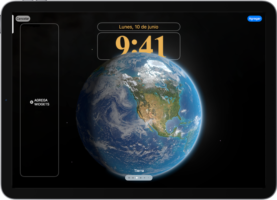 Una pantalla bloqueada personalizada en proceso de edición. Se seleccionaron los elementos disponibles para una mayor personalización: la fecha, la hora y un botón para agregar widgets.