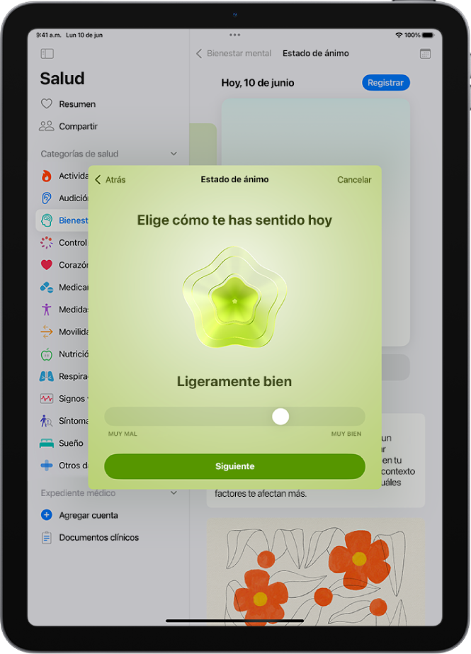 Una pantalla de la app Salud que indica que el estado de ánimo del momento es Un poquito bien. En la parte inferior de la pantalla hay un regulador para ajustar el nivel de la emoción.