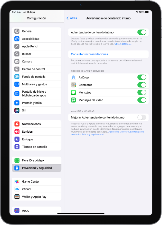 La configuración de Advertencia de contenido íntimo con un botón llamado Consultar recomendaciones y un botón llamado Mejorar Advertencia de contenido íntimo para compartir los datos de uso y análisis con Apple.