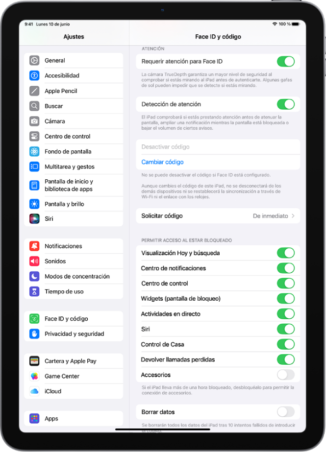 Los ajustes de “Face ID y código”, con opciones para permitir el acceso a determinadas funciones cuando el iPad está bloqueado.