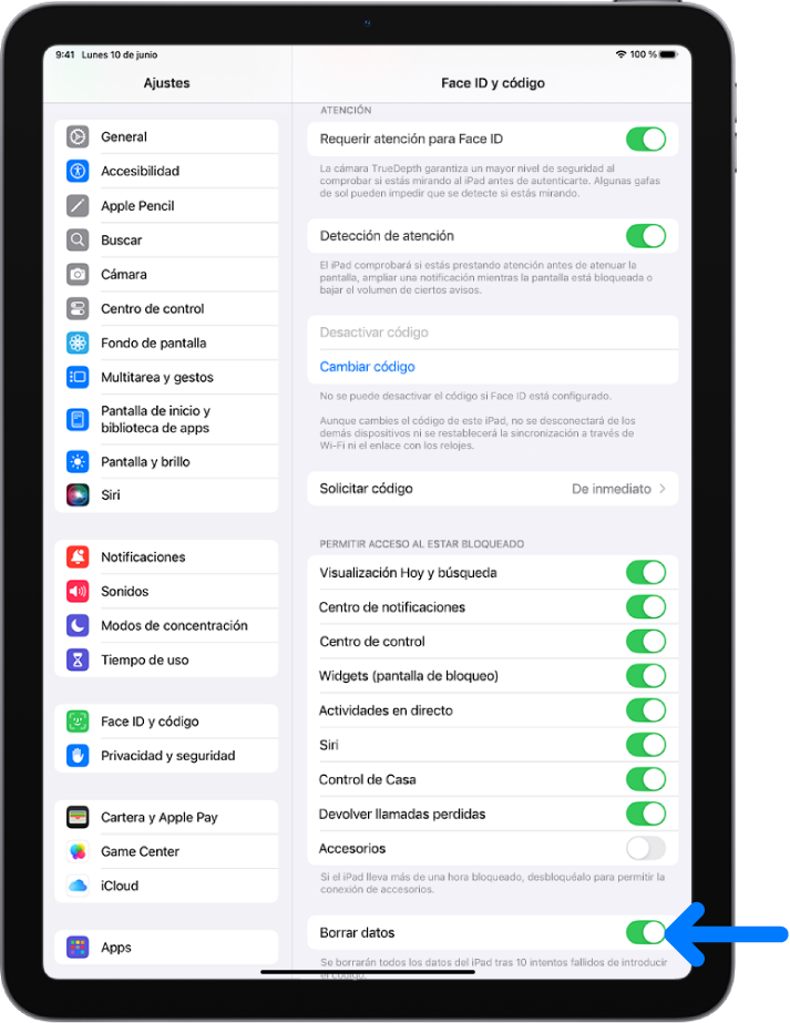 El control “Borrar datos”, ubicado al final de la pantalla “Face ID y código” en Ajustes.