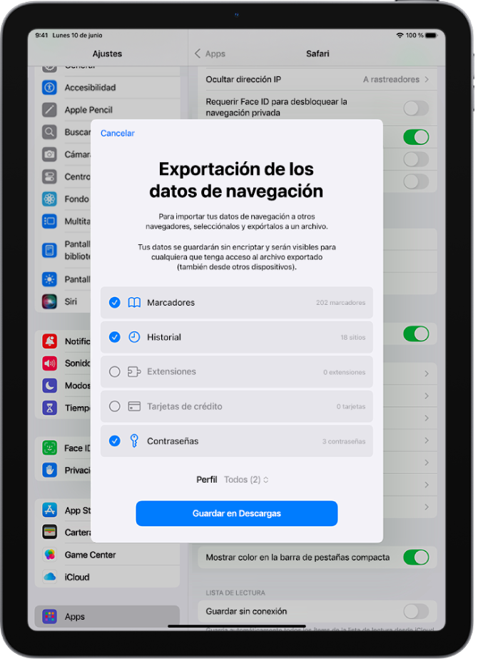 Pantalla “Exportación de los datos de navegación” con los datos que puedes exportar de la app Safari a otro navegador.