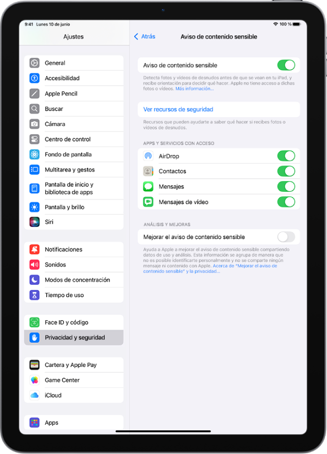 Ajustes para “Aviso de contenido sensible” con un botón llamado “Ver recursos de seguridad” y un botón llamado “Mejorar el aviso de contenido sensible” para compartir los datos de uso y análisis con Apple.