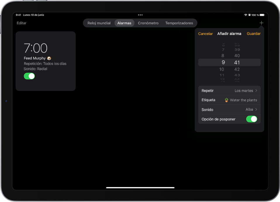 Pestaña Alarmas de la app Reloj con ajustes para cambiar la hora de la alarma, elegir si la alarma se repite, añadir una etiqueta a la alarma, seleccionar el sonido de la alarma y activar la opción de posponer.