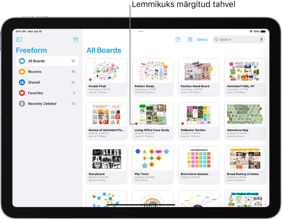 iPadis on avatud Freeform. Küljeribal on valitud All Boards ning paremal kuvatakse tahvlite pisipilte.