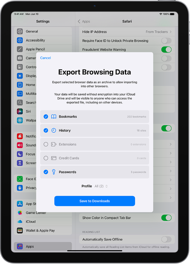 Kuva Export Browsing Data, kus kuvatkse Safarist teise brauserisse eksporditavaid andmeid.