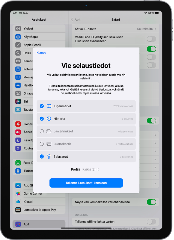 Vie selaustiedot -näyttö, jossa näkyvät tiedot, jotka voidaan viedä Safarista toiseen selaimeen.