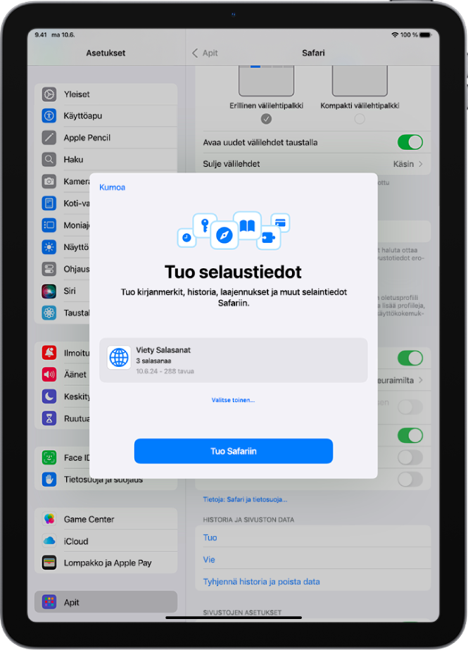 Tuo selaustiedot -näyttö, jossa tuodaan salasanoja sisältävä CSV-tiedosto toisesta salasanojen hallintatyökalusta.
