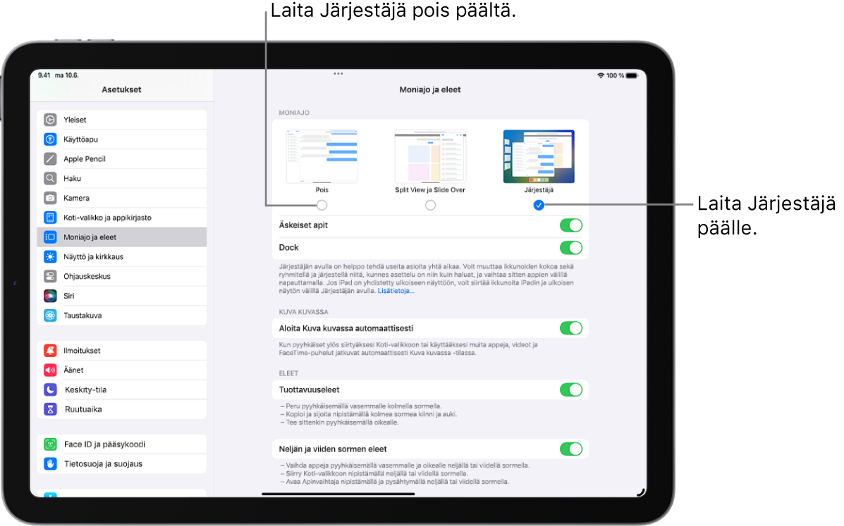 Asetukset-näyttö, jossa Järjestäjä voidaan laittaa päälle tai pois päältä.
