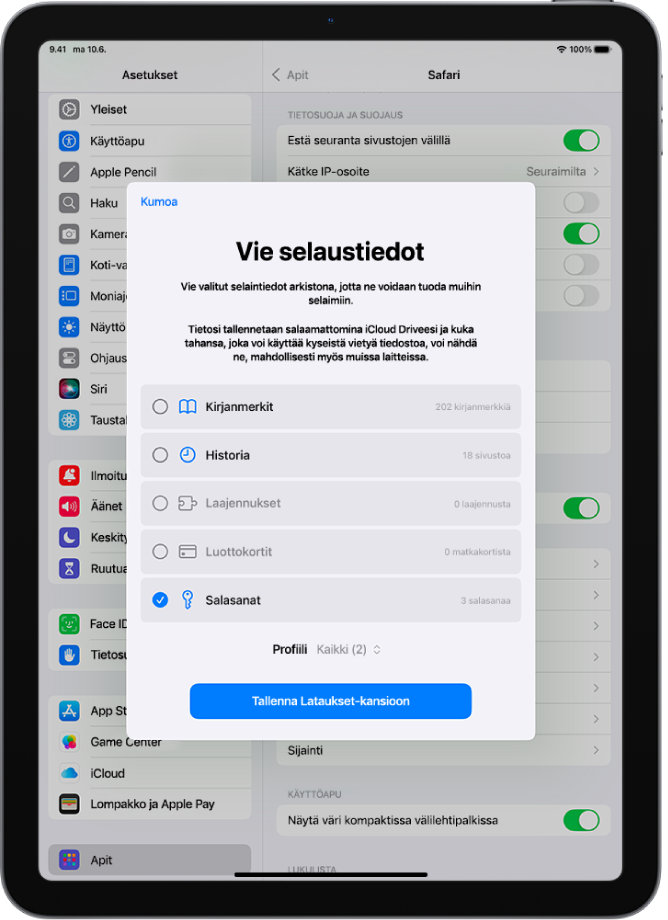 Vie selaustiedot -näyttö, jossa on valittuna Salasanat-vaihtoehto toiseen salasanojen hallintatyökaluun viemistä varten.