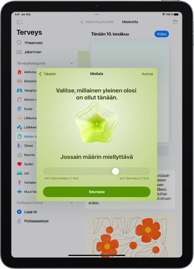 Terveys-apin näyttö, joka tunnistaa nykyisen mielentilan jossain määrin miellyttäväksi. Näytön alareunassa on liukusäädin tunteen tason säätämiseen.