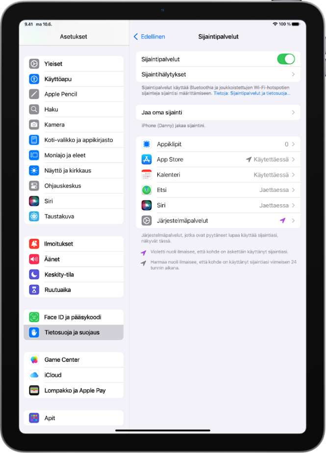 Sijaintipalvelut-näyttö, jossa ovat asetukset iPadin sijainnin jakamiselle apeille.