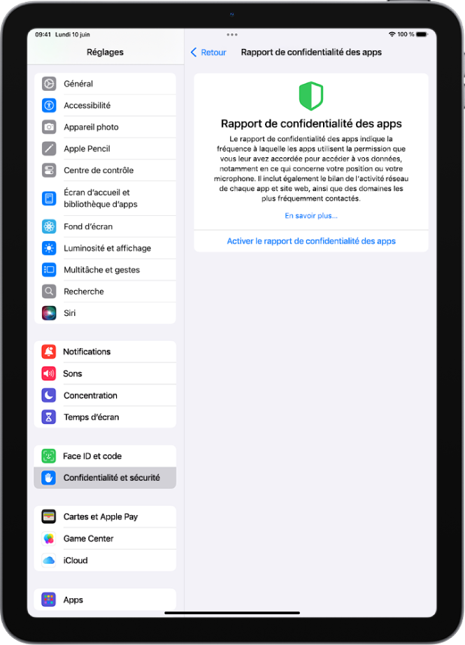 L’écran « Rapport de confidentialité des apps » sur lequel l’utilisateur peut activer un rapport indiquant la fréquence à laquelle les apps utilisent les autorisations qui leur ont été accordées, ainsi que leur activité réseau.