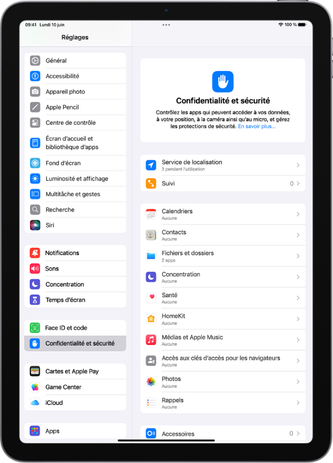 L’écran « Confidentialité et sécurité », avec des réglages pour le service de localisation et le suivi, ainsi que des réglages permettant de contrôler les apps qui accèdent aux données.