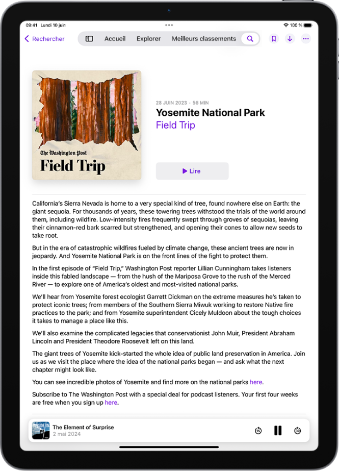 La page d’un épisode dans l’app Podcasts, affichant le bouton Lecture et les commandes de lecture.