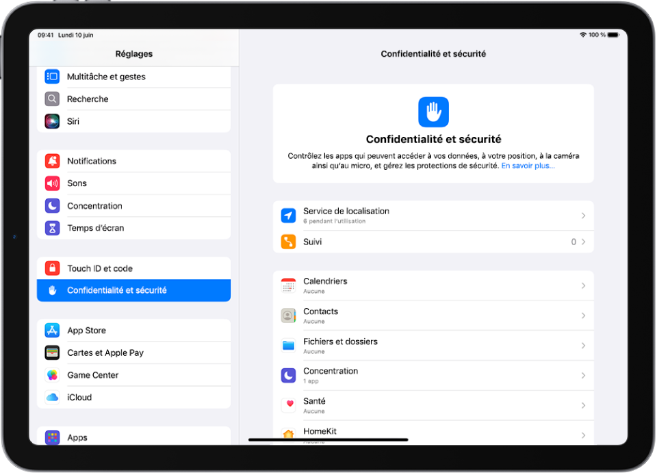 Un écran de Réglages affichant des options pour « Confidentialité et sécurité », comme « Service de localisation » et Suivi.