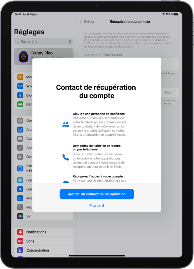 L’écran « Contact de récupération » avec des informations sur la fonctionnalité. Le bouton « Ajouter un contact » se trouve en bas de l’écran
