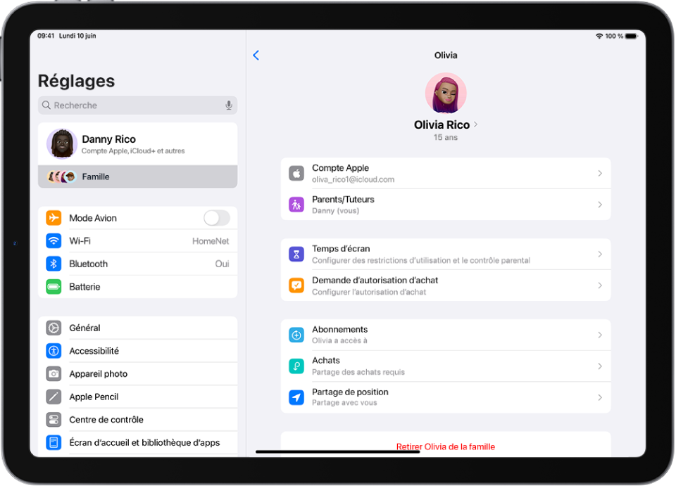 L’écran Réglages affichant les fonctionnalités disponibles pour un adolescent, comme « Demande d’autorisation d’achat » et « Apple Cash ».