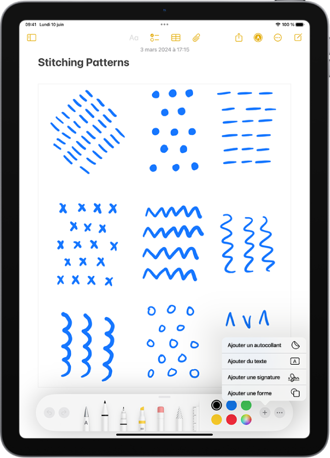 La barre d’outils d’annotation est ouverte au bas d’une note dans l’app Notes et le bouton Ajouter qui se trouve dans le coin inférieur droit de l’écran est sélectionné. Les options suivantes sont disponibles dans le menu Ajouter : Ajouter un autocollant, Ajouter du texte, Signature et Ajouter une figure.