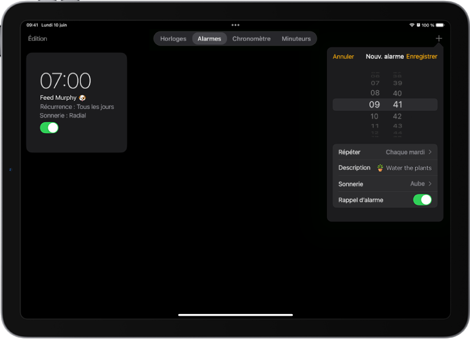 L’onglet Alarmes dans l’app Horloge, avec les réglages pour modifier l’heure de l’alarme, choisir sa récurrence, ajouter une description, sélectionner un son et activer le rappel.