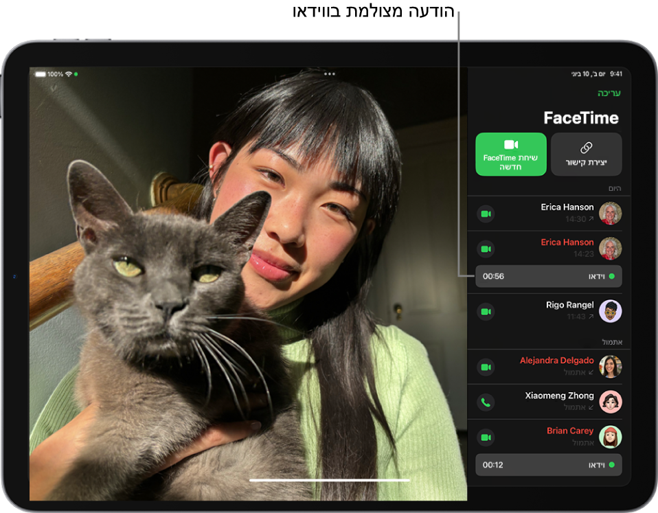 היסטורית שיחות ה-FaceTime, שמציגה קישור להודעה בווידאו.
