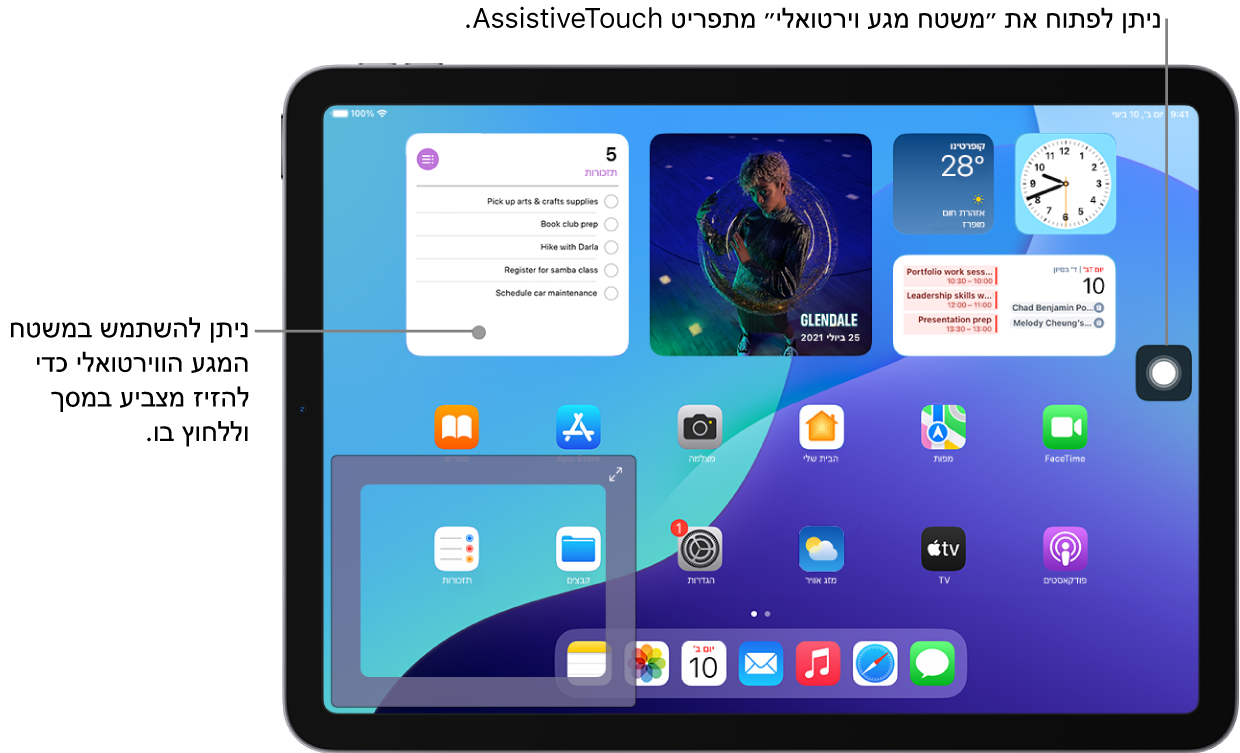 מכשיר iPad שבו מוצג משטח מגע וירטואלי בפינת המסך. נוסף לכך, במסך מוצג תפריט AssistiveTouch (המשמש לפתיחת משטח המגע) והמצביע (הנשלט על ידי משטח המגע).