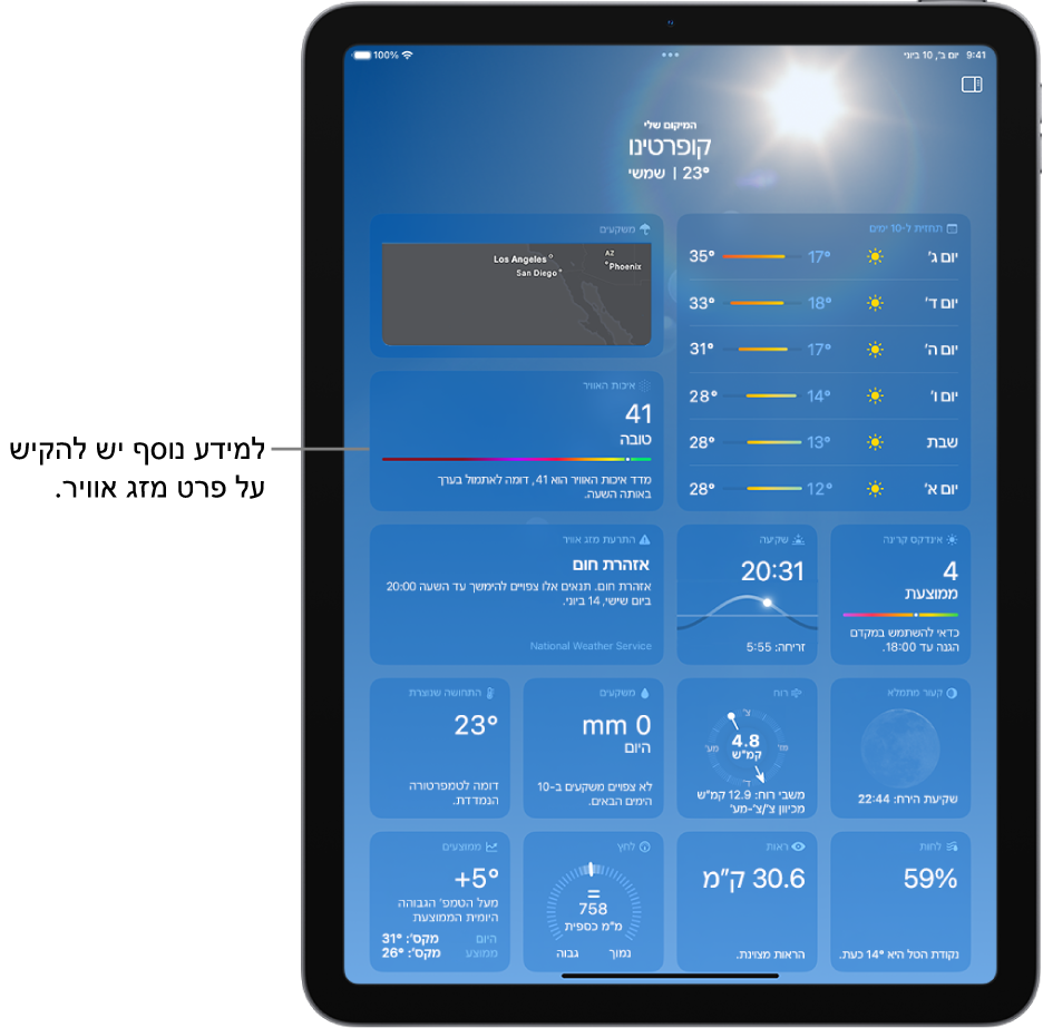 המסך של ״מזג אוויר״ מציג את המיקום למעלה, ומתחתיו את הטמפרטורה ואת תנאי מזג האוויר עכשיו. שאר המסך מכיל פרטי מזג אוויר כמו התחזית לעשרת הימים הבאים, מפת משקעים, מופע הירח, כיוון ומהירות הרוח, אינדקס קרינה, מועד השקיעה, טמפרטורת ״מרגיש כמו״ ותשקיף משקעים.