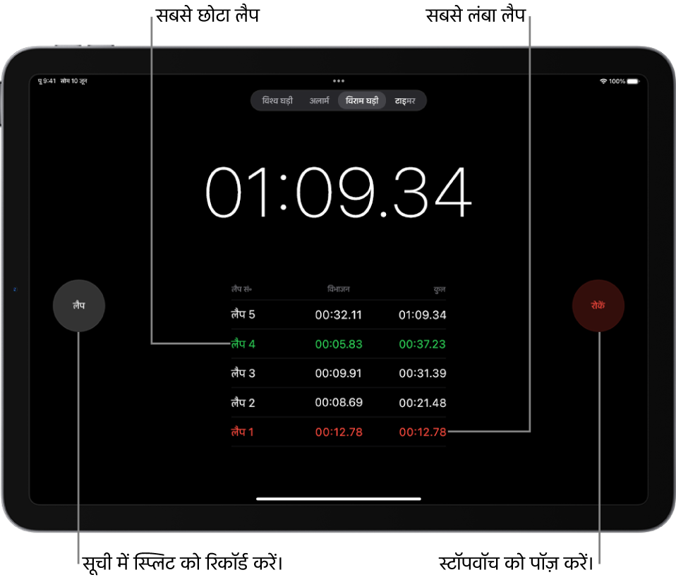 घड़ी ऐप में एक स्टॉपवॉच किसी इवेंट में लगा कुल समय दिखाती है और उसके नीचे इस इवेंट की सूची में रखे गए कई लैप मौजूद हैं।